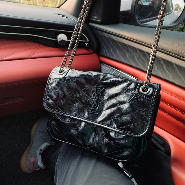 Saint Laurent Crinkled Patent Bag — Black
