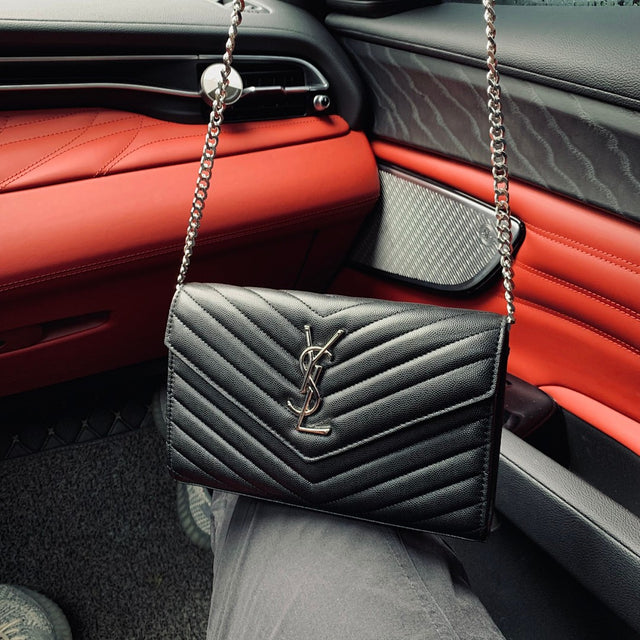 Saint Laurent Chevron Wallet on Chain — Black/Silver