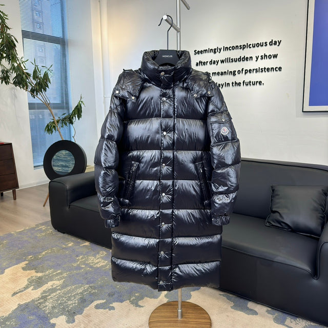 Moncler Long Glossy Hooded Parka — Black