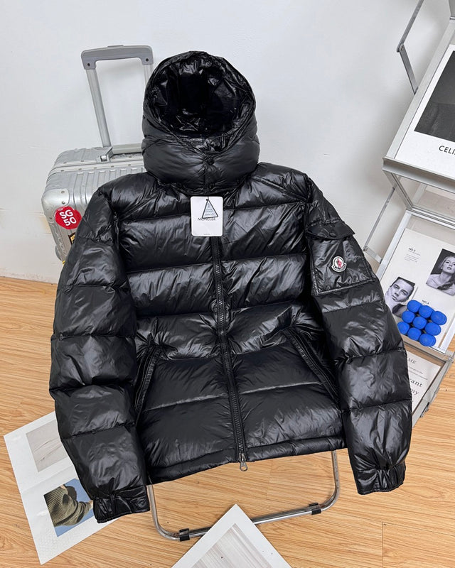 Moncler Glossy Hooded Down Jacket — Black