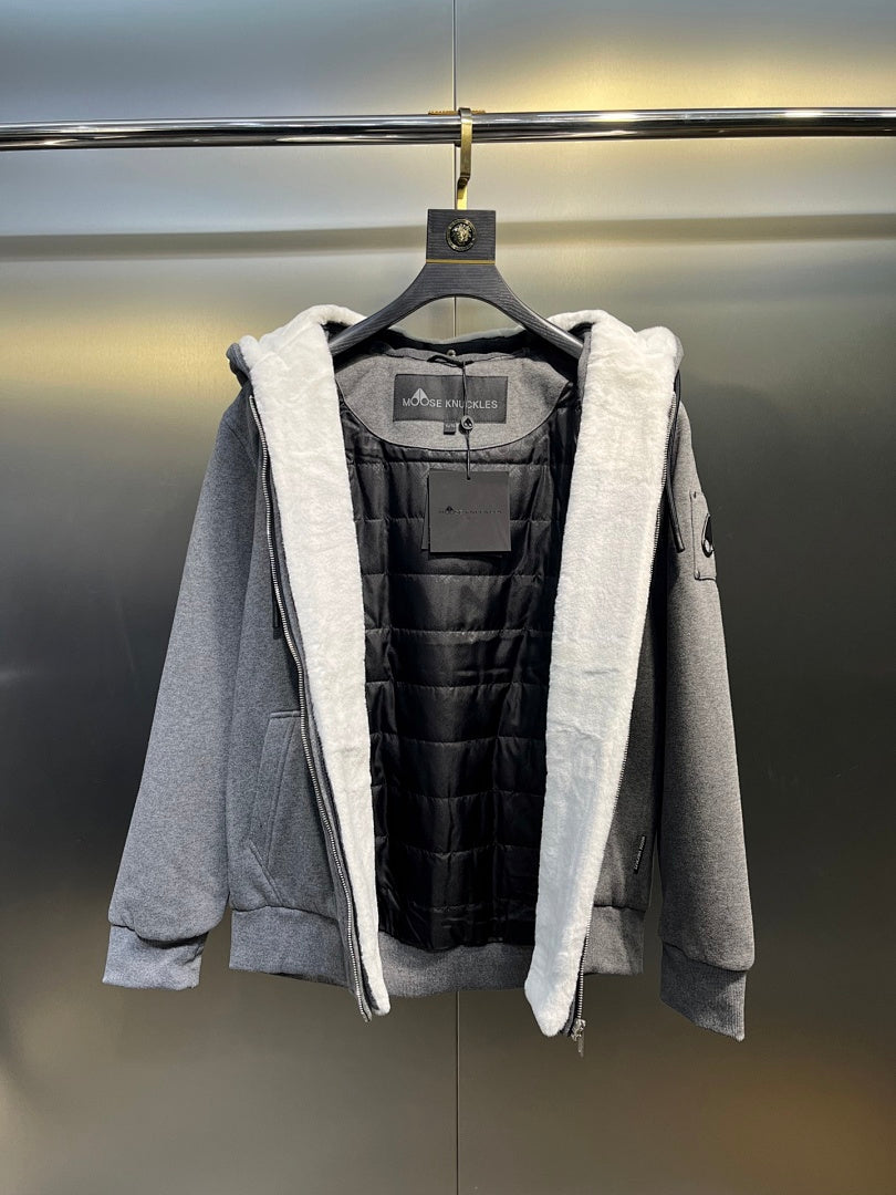 Moose Knuckles Shearling-Lined Hoodie — Grey