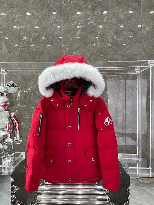 Moose Knuckles Fur-Hood Bomber — Red
