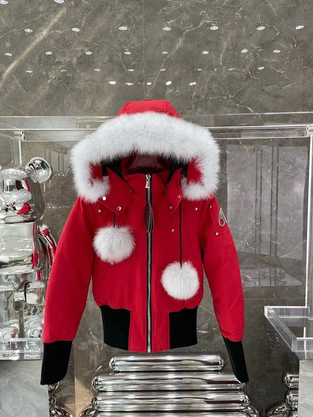Moose Knuckles Bomber — Red/Fur Hood
